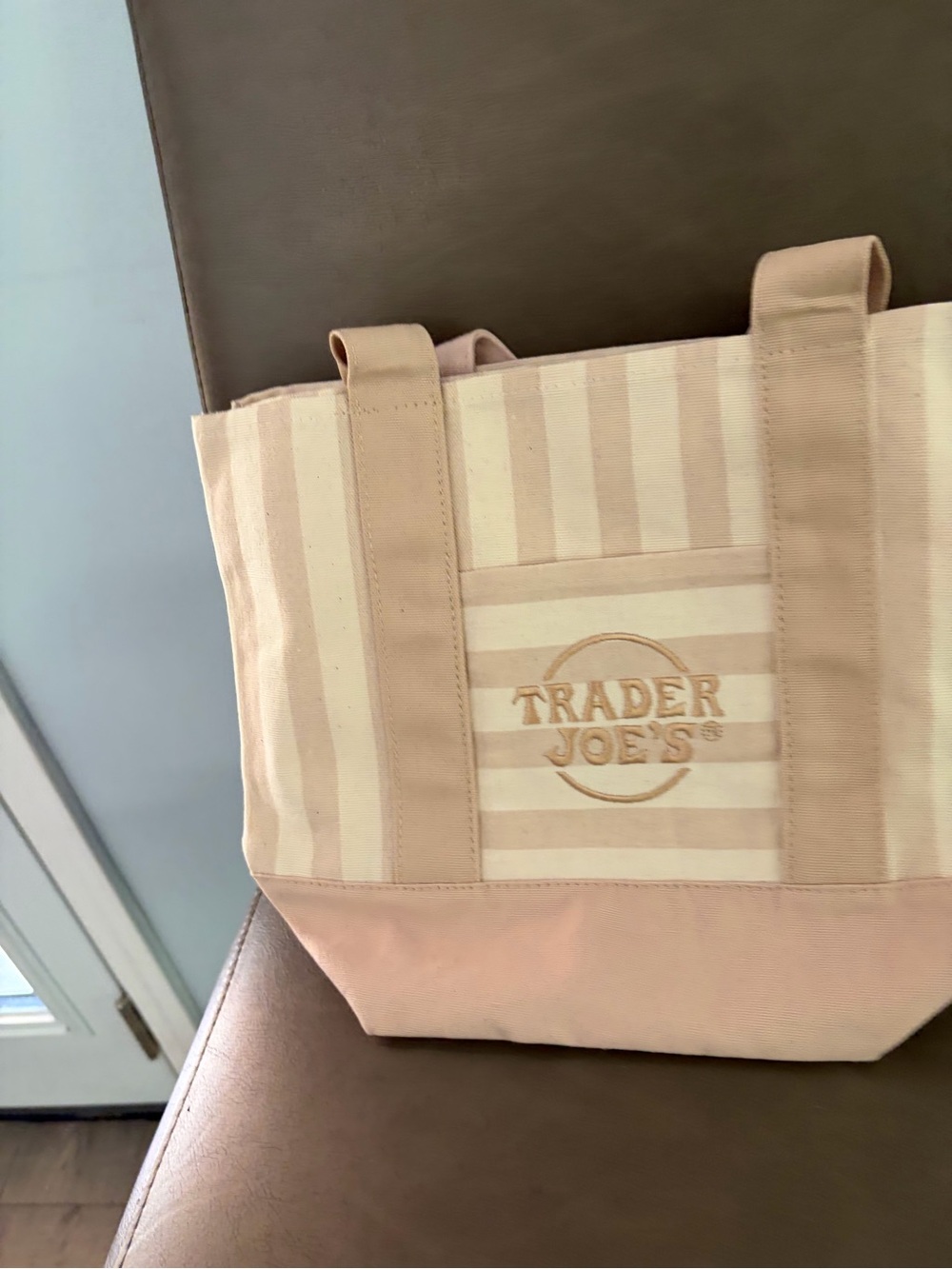 Striped Pink Canvas Tote with Front Pocket - Trader Joe's